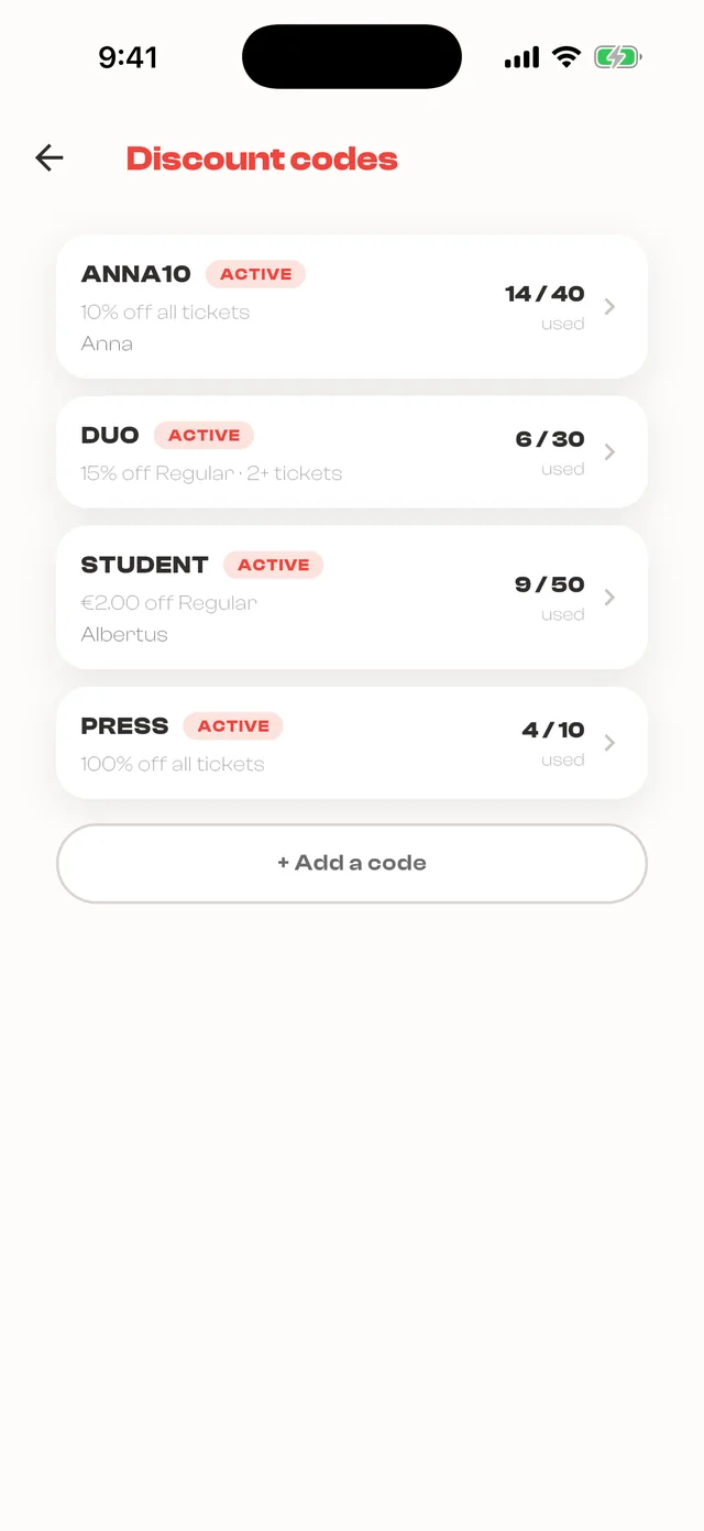 Discount codes in the app, each with its uses so far